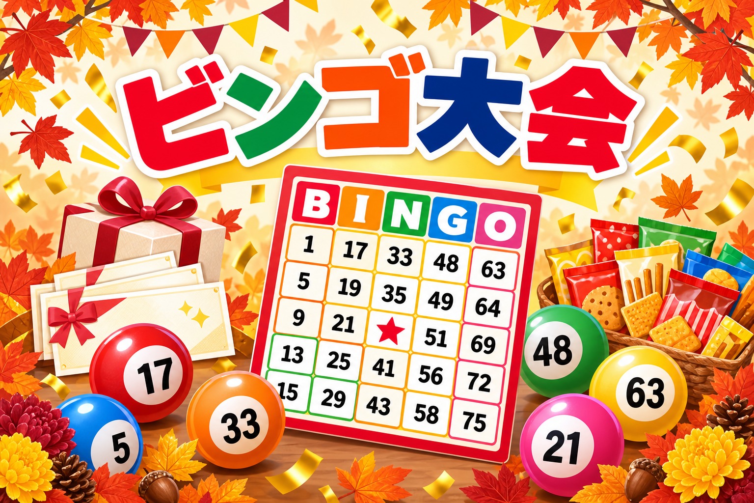 ビンゴカードと景品をイメージした秋のビンゴ大会
