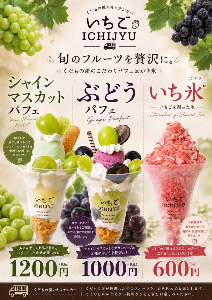 いちごICHIJYUのフルーツパフェと削りいちごのメニュー表